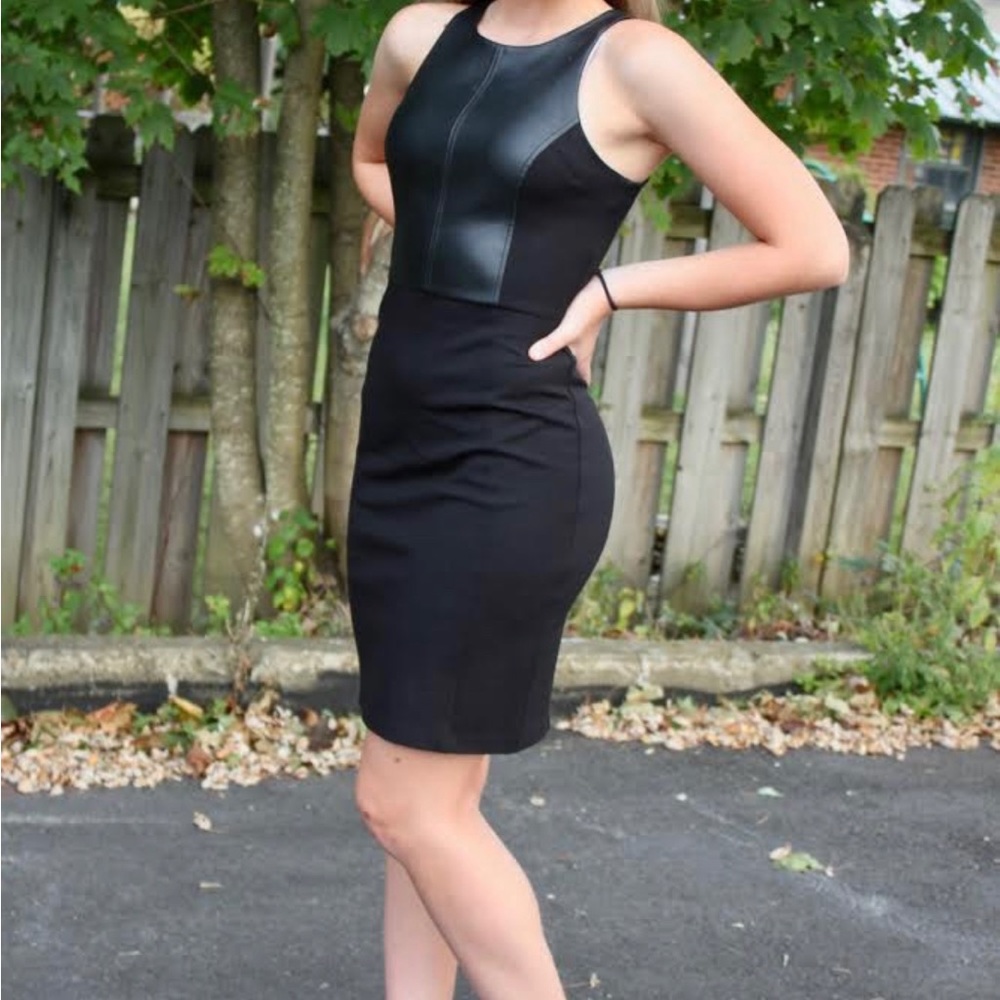Bar III SzXS black sleeveless midi dress faux leather inset on chest and back